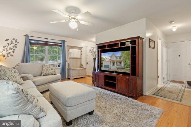 living room with ceiling fan and light hardwood / wood-style floors