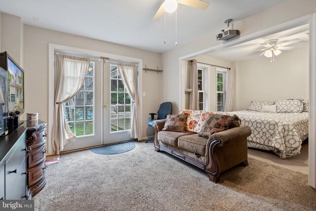 bedroom featuring multiple windows, access to exterior, carpet floors, and french doors