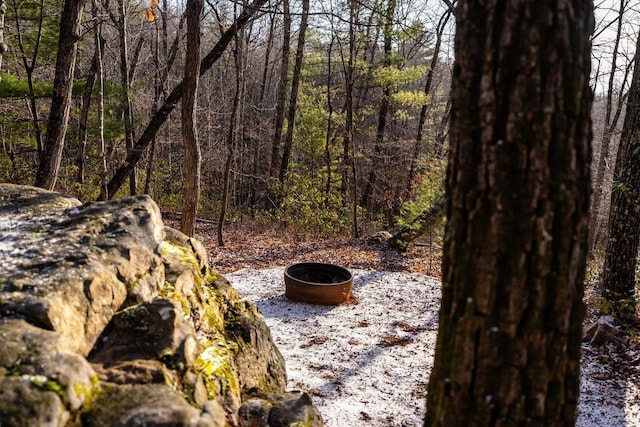 view of yard with a fire pit