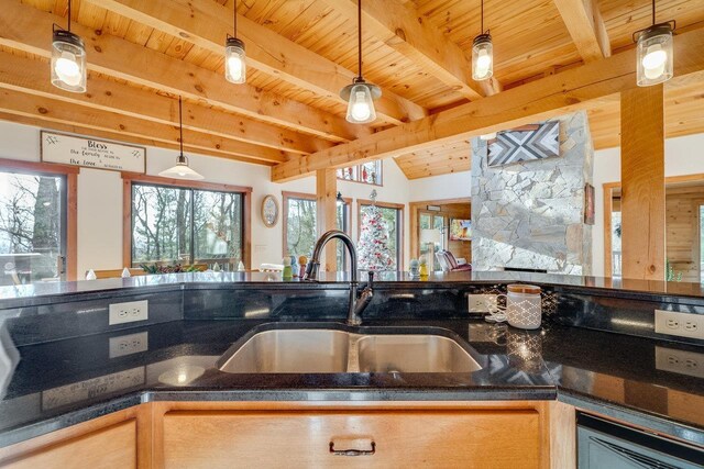 kitchen with pendant lighting, sink, and wooden ceiling