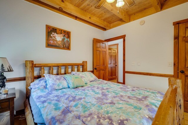 bedroom with wooden ceiling and beam ceiling