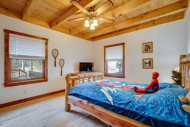 bedroom with beamed ceiling, multiple windows, and wooden ceiling