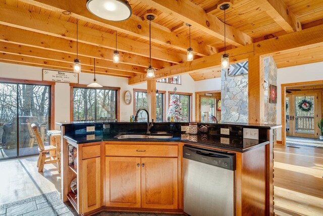 kitchen featuring stainless steel dishwasher, sink, an island with sink, and hanging light fixtures