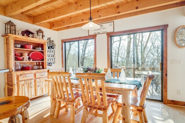 dining space featuring beamed ceiling, light hardwood / wood-style floors, and wooden ceiling