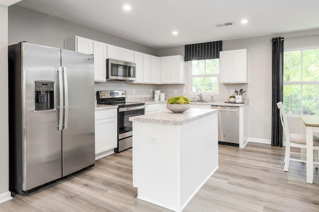 kitchen with recessed lighting, visible vents, appliances with stainless steel finishes, and white cabinetry