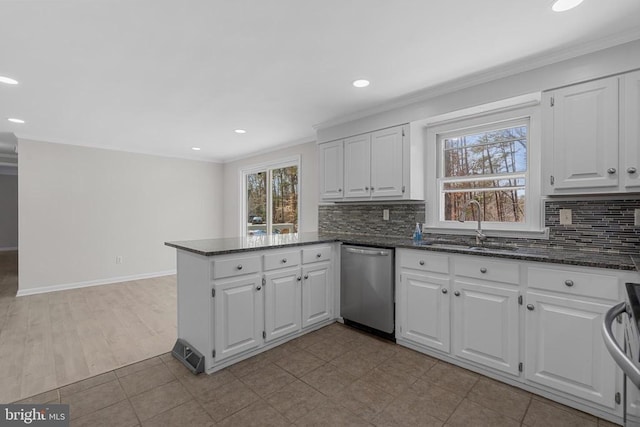 kitchen featuring ornamental molding, white cabinetry, a peninsula, decorative backsplash, and dishwasher