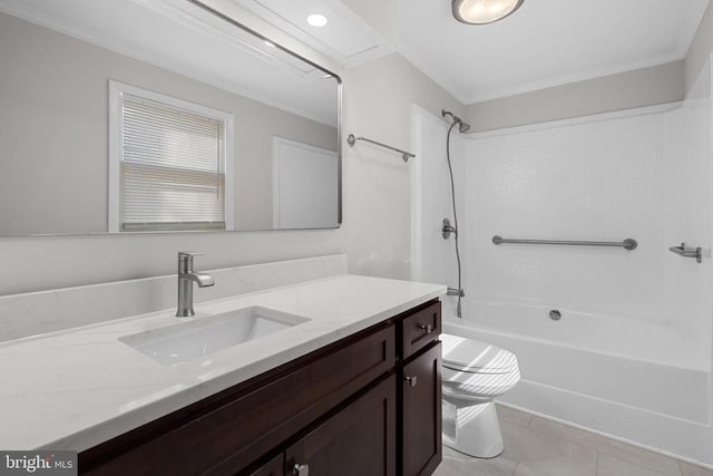 full bath featuring vanity, toilet, ornamental molding, and shower / bathtub combination