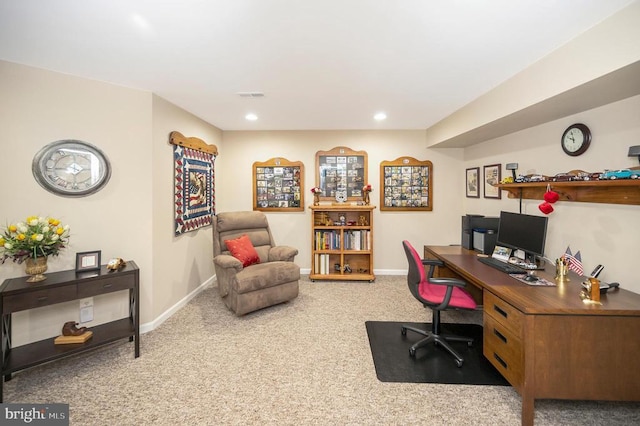 office featuring recessed lighting, visible vents, baseboards, and carpet flooring