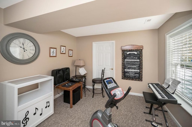 exercise area featuring baseboards and carpet floors