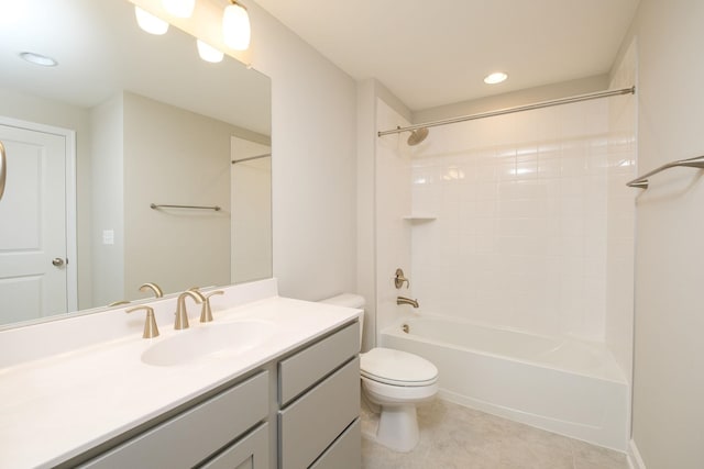 full bathroom with tile patterned flooring, vanity, tub / shower combination, and toilet