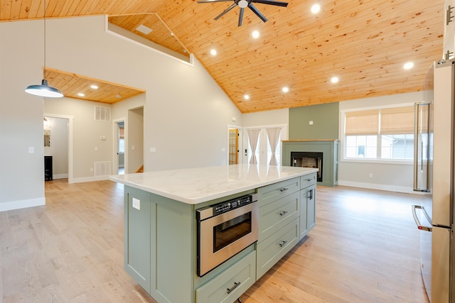 kitchen with high end fridge, wood ceiling, light hardwood / wood-style floors, and a kitchen island