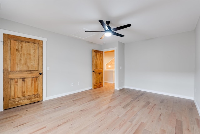 unfurnished bedroom featuring ceiling fan and light hardwood / wood-style floors