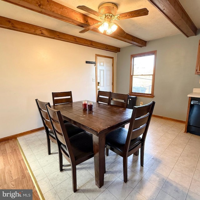 dining space with ceiling fan, a textured ceiling, baseboards, and beamed ceiling