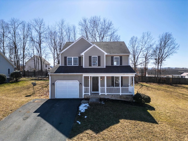 view of front of property with aphalt driveway, an attached garage, covered porch, fence, and a front lawn