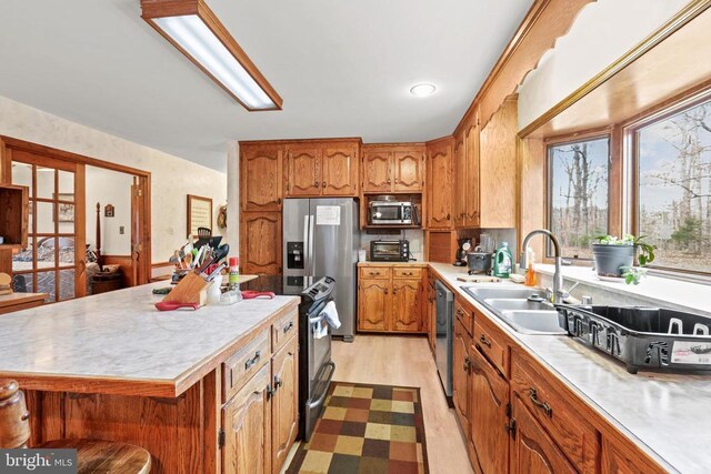 kitchen with sink, stainless steel appliances, light hardwood / wood-style floors, and a kitchen island