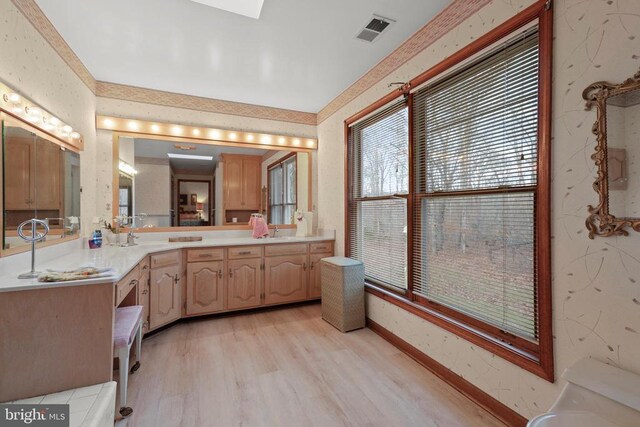 bathroom with vanity, hardwood / wood-style floors, and a skylight