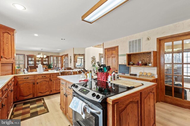 kitchen with light hardwood / wood-style flooring, stainless steel electric stove, kitchen peninsula, and a kitchen island