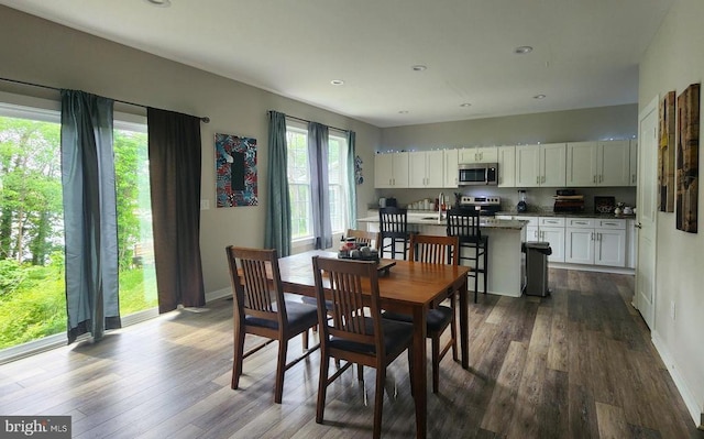 dining room featuring recessed lighting, baseboards, and dark wood-style floors
