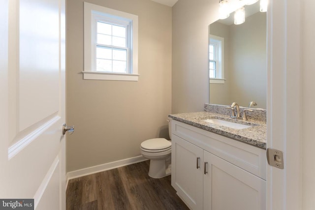 bathroom with vanity, toilet, wood finished floors, and a wealth of natural light