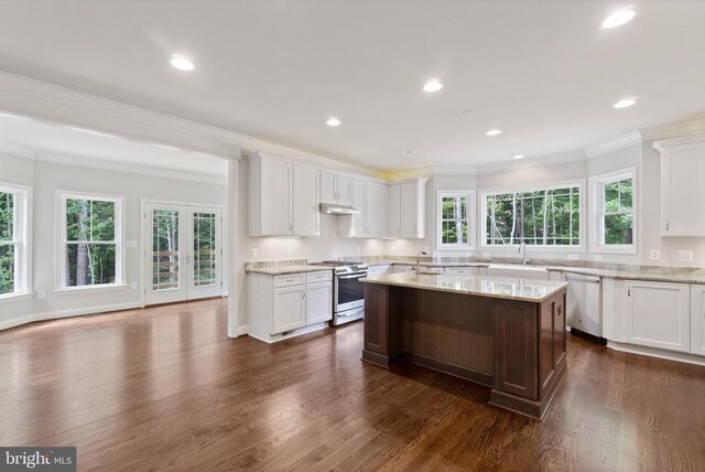 kitchen with appliances with stainless steel finishes, white cabinets, ornamental molding, light stone counters, and dark wood-type flooring