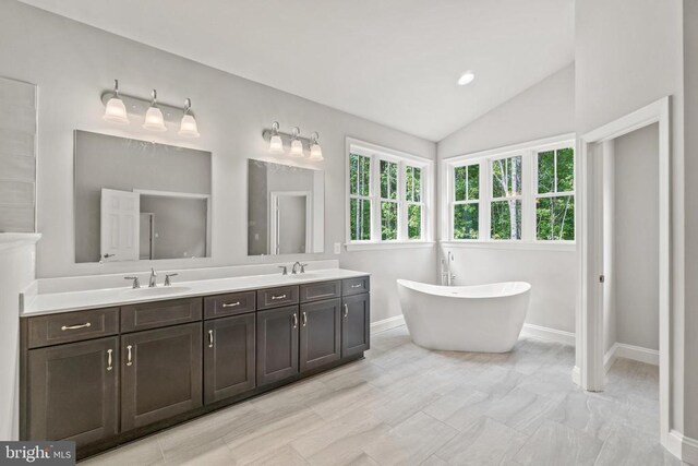 bathroom featuring vaulted ceiling, vanity, and a bathtub