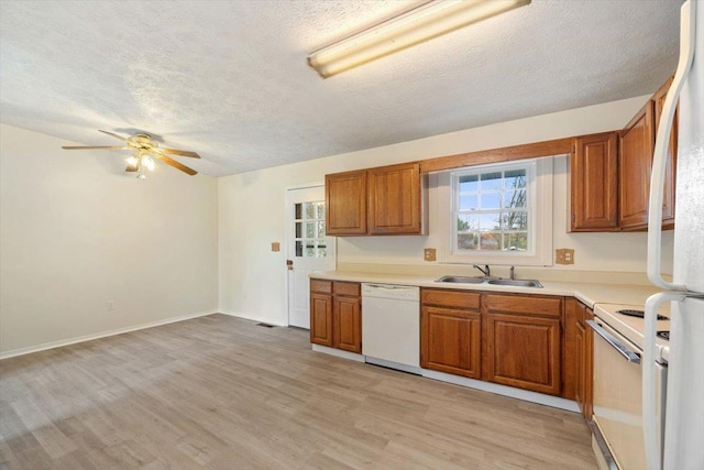 kitchen with sink, white appliances, ceiling fan, light hardwood / wood-style floors, and a textured ceiling