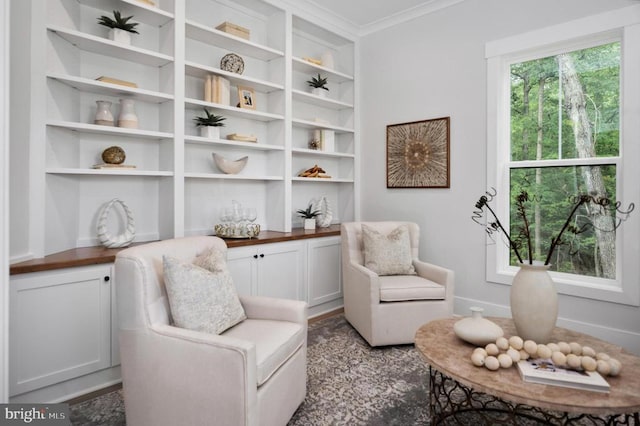 living area with baseboards and ornamental molding