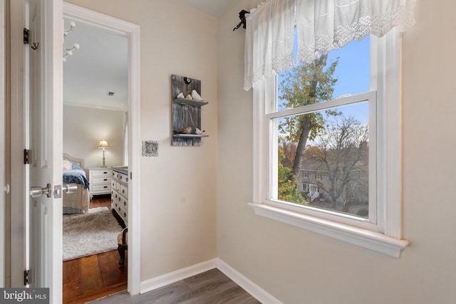 hallway with crown molding and hardwood / wood-style floors