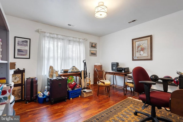 home office featuring dark hardwood / wood-style flooring