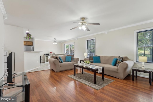 living area with hardwood / wood-style floors, crown molding, baseboards, and a ceiling fan