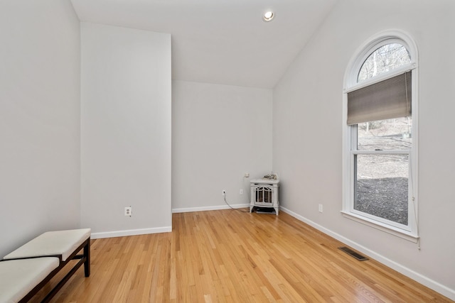 bonus room with a wealth of natural light, visible vents, light wood-style floors, and a wood stove