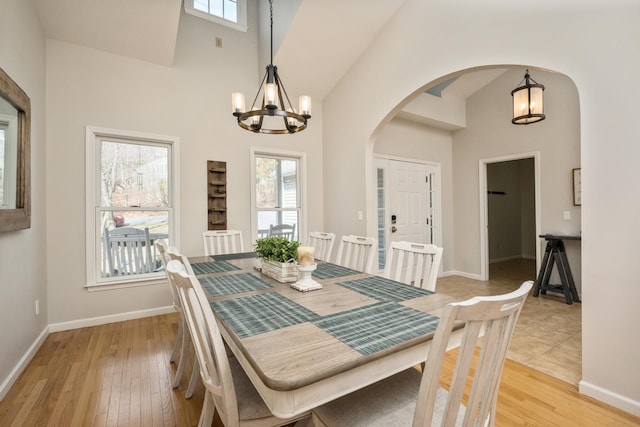 dining room featuring light wood finished floors, a chandelier, and a wealth of natural light