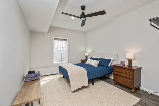 bedroom with ceiling fan, baseboards, wood finished floors, and recessed lighting