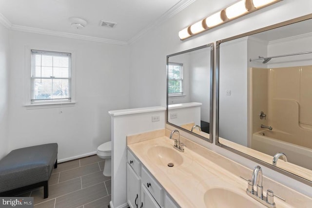 full bathroom featuring a sink, visible vents, ornamental molding, and double vanity