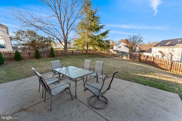 view of patio featuring outdoor dining space, a residential view, and a fenced backyard