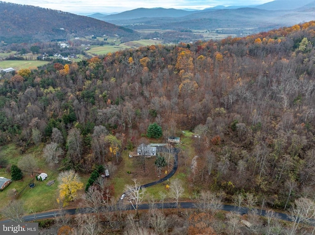 birds eye view of property with a forest view and a mountain view