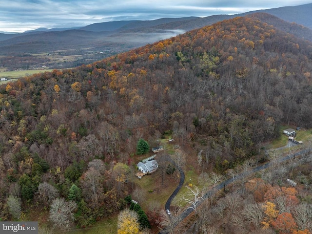 drone / aerial view with a forest view and a mountain view