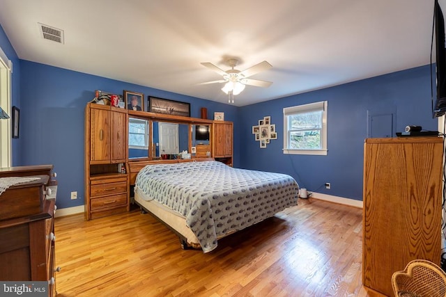 bedroom featuring baseboards, visible vents, and light wood-style flooring