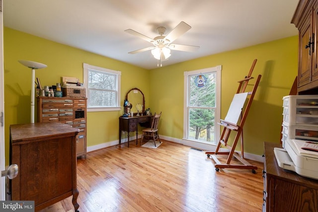 home office featuring light wood finished floors, a wealth of natural light, and a ceiling fan