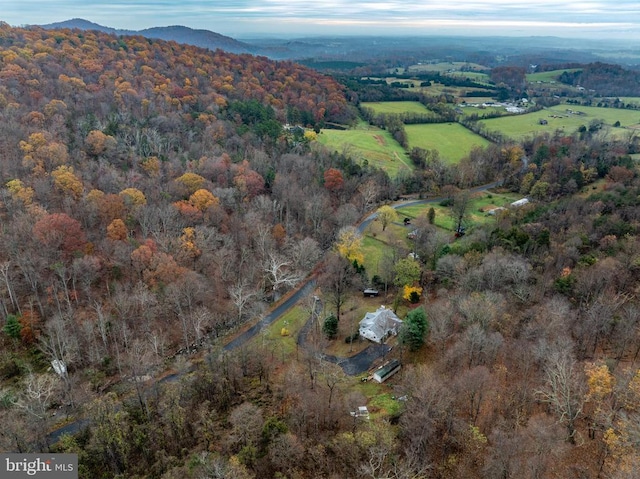 birds eye view of property with a mountain view and a wooded view