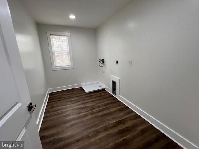 laundry area with dark wood-type flooring, baseboards, laundry area, recessed lighting, and hookup for an electric dryer