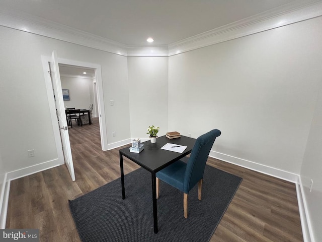 home office with dark wood finished floors, recessed lighting, baseboards, and ornamental molding