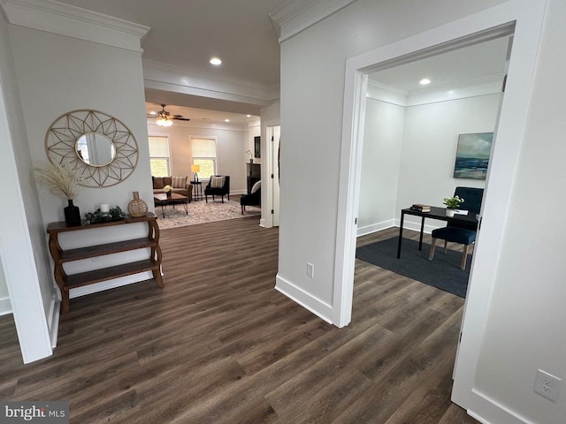 hallway featuring dark wood finished floors, crown molding, and recessed lighting