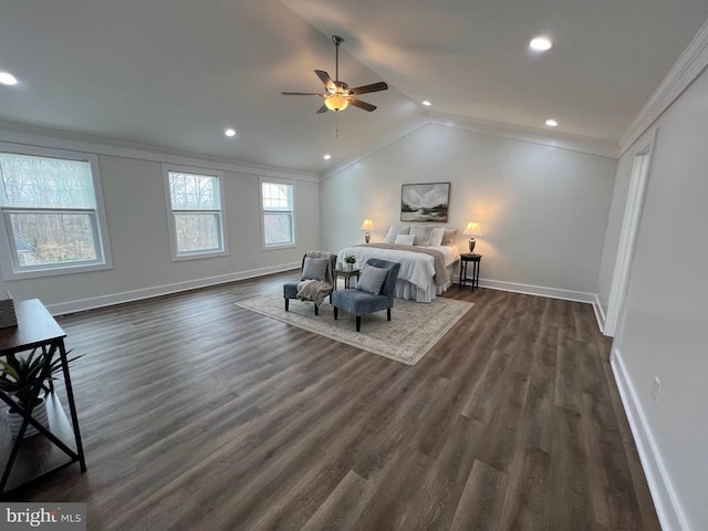 bedroom featuring dark wood-type flooring, baseboards, vaulted ceiling, ornamental molding, and recessed lighting