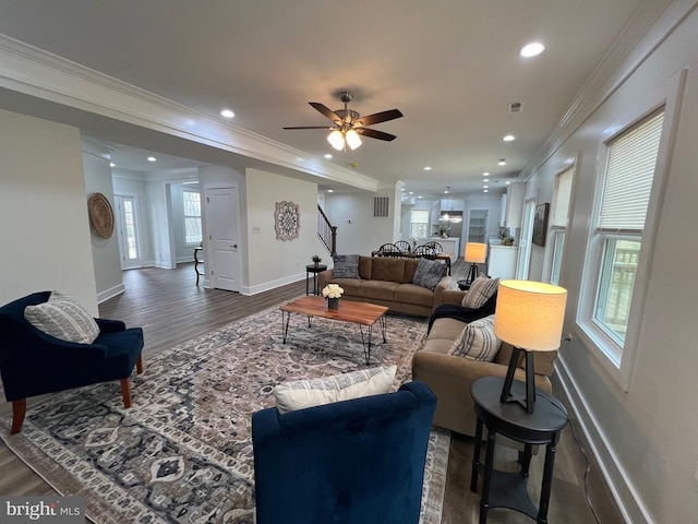 living area featuring stairway, plenty of natural light, wood finished floors, and ornamental molding