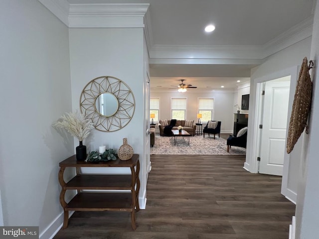 hall featuring baseboards, dark wood finished floors, and crown molding