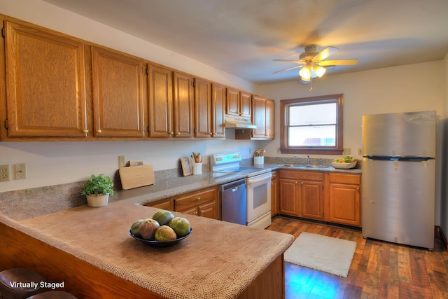 kitchen featuring ceiling fan, appliances with stainless steel finishes, dark hardwood / wood-style floors, and sink