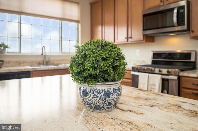 kitchen featuring a sink, plenty of natural light, brown cabinetry, and stainless steel appliances