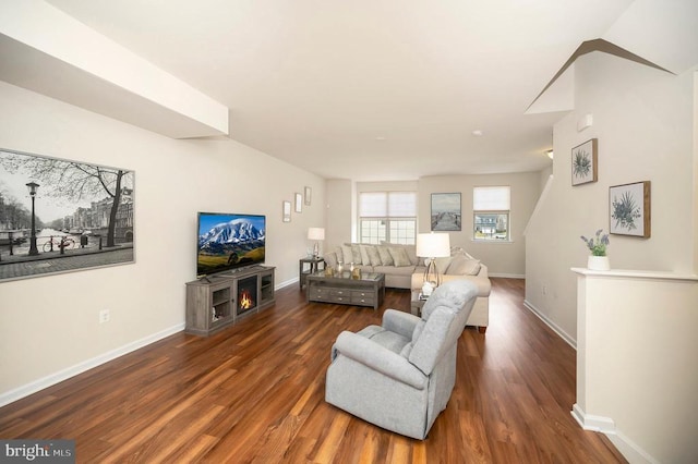 living room with baseboards, wood finished floors, and a fireplace