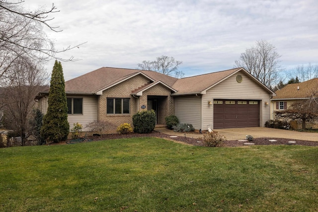 single story home featuring a garage and a front lawn